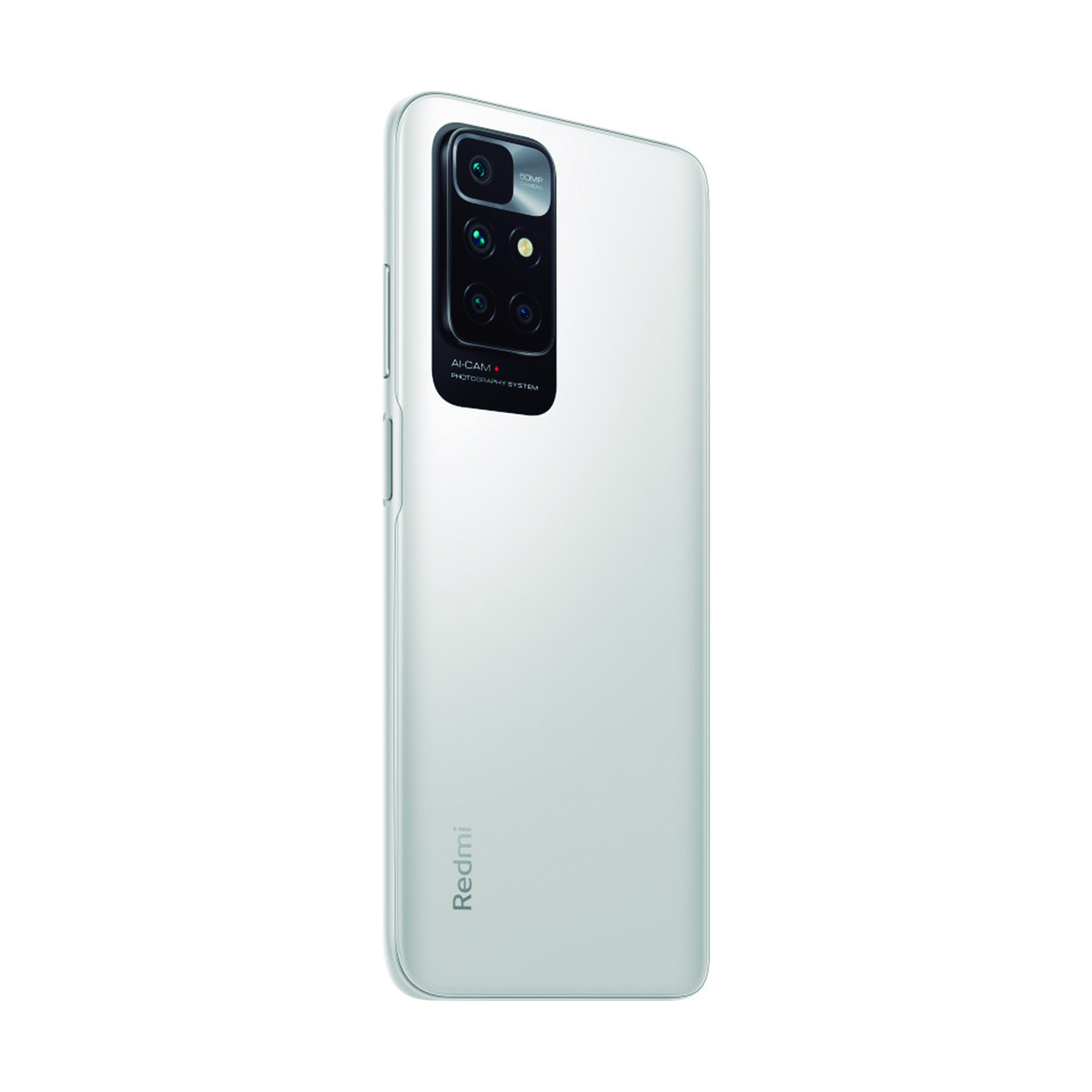A white smartphone with four cameras and red lettering on the back.