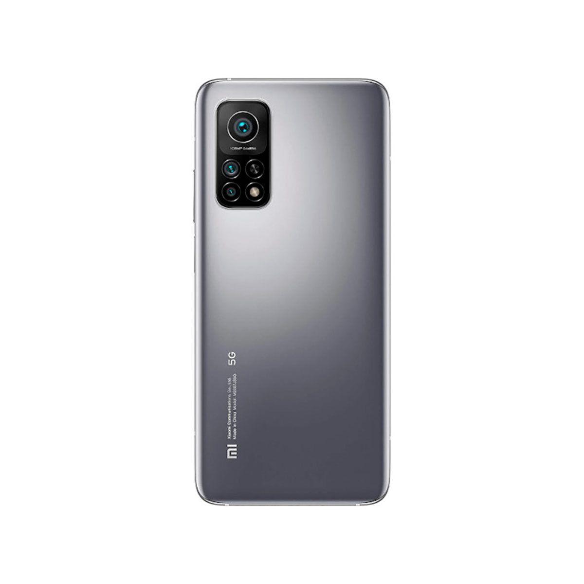 Tył szarego smartfona Xiaomi z czterema aparatami i logo 5G.