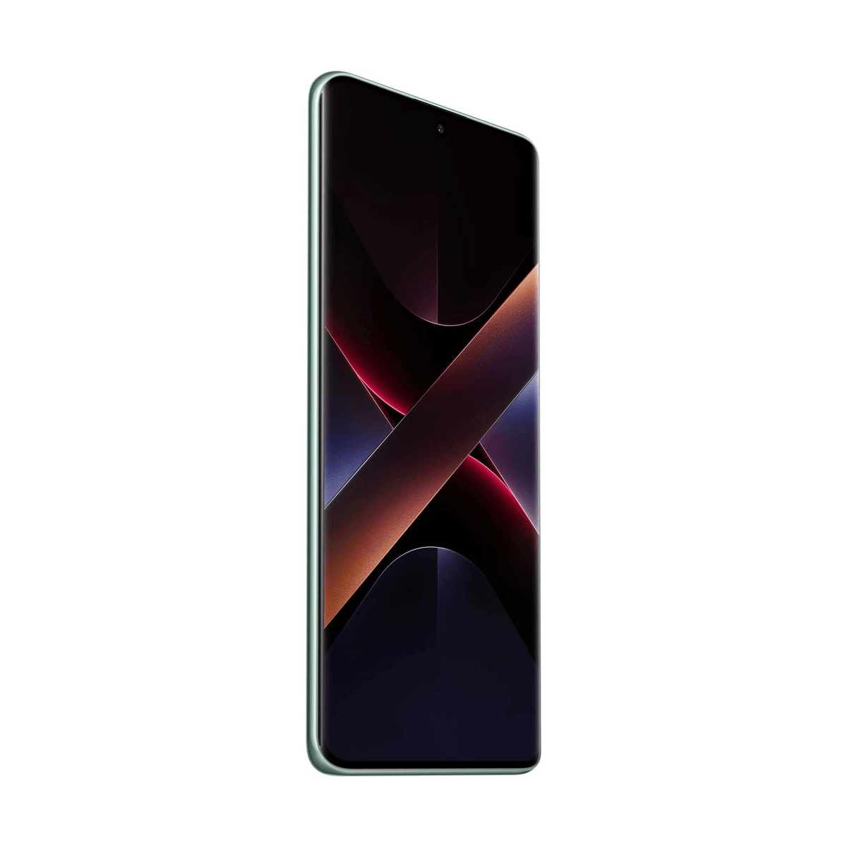 Un elegante smartphone con marco verde y pantalla oscura con patrón en forma de X.