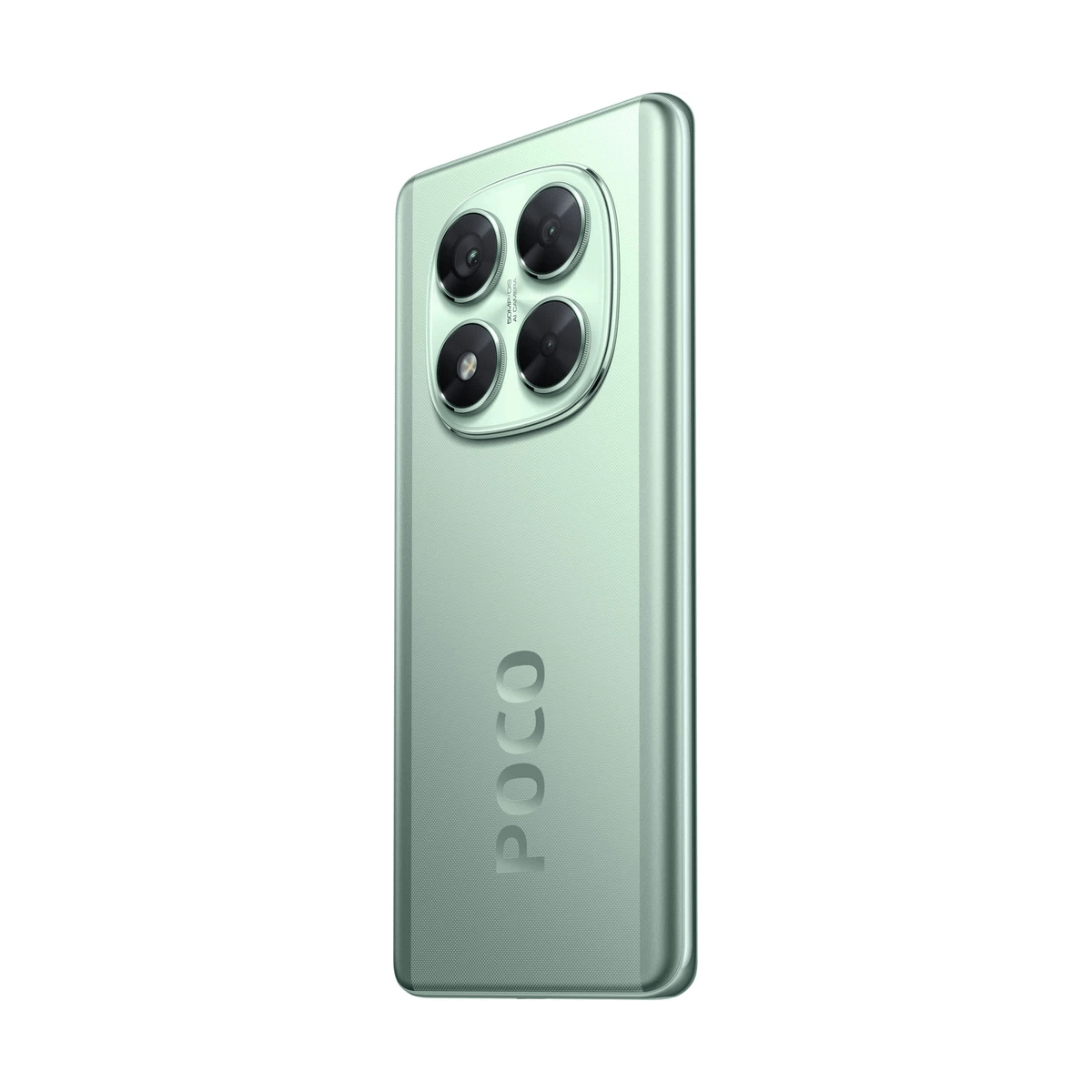 Un smartphone verde claro con cuatro cámaras y el logo de POCO en la parte trasera.