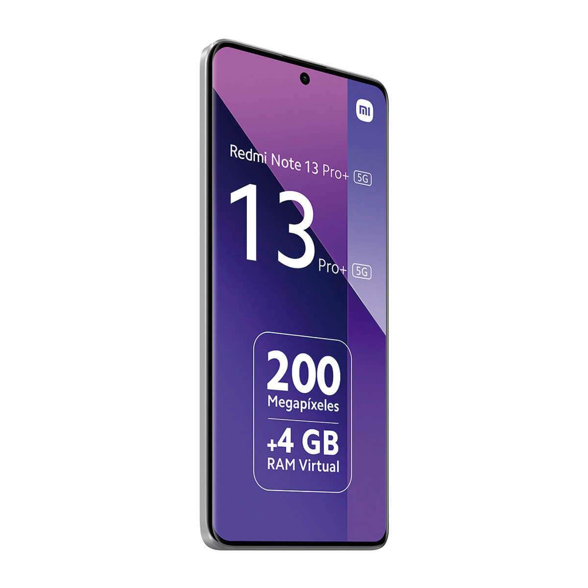 Srebrny smartfon z fioletowym tłem, prezentujący Redmi Note 13 Pro+ 5G.