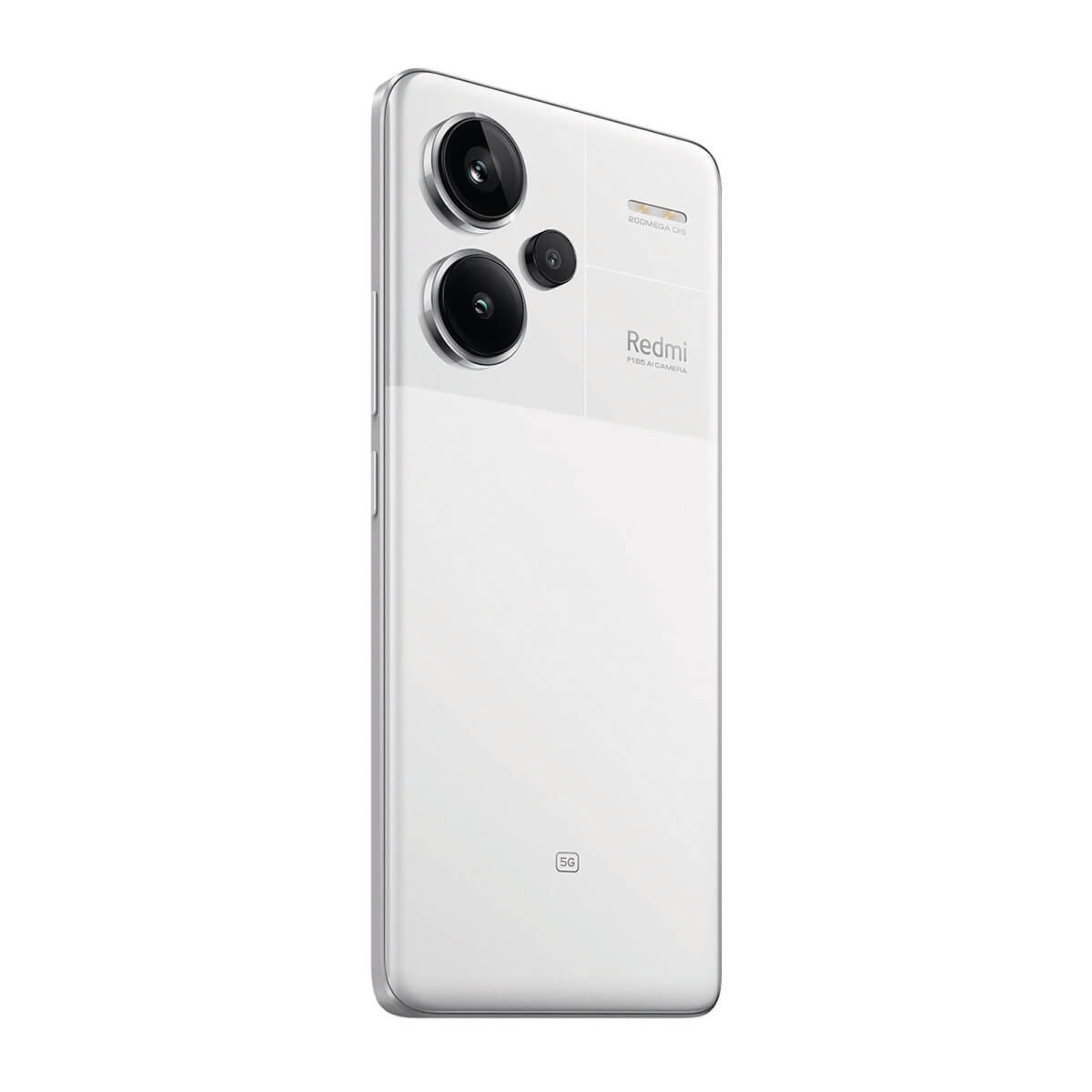 Biały smartfon Redmi z potrójnym aparatem i logo 5G na białym tle.