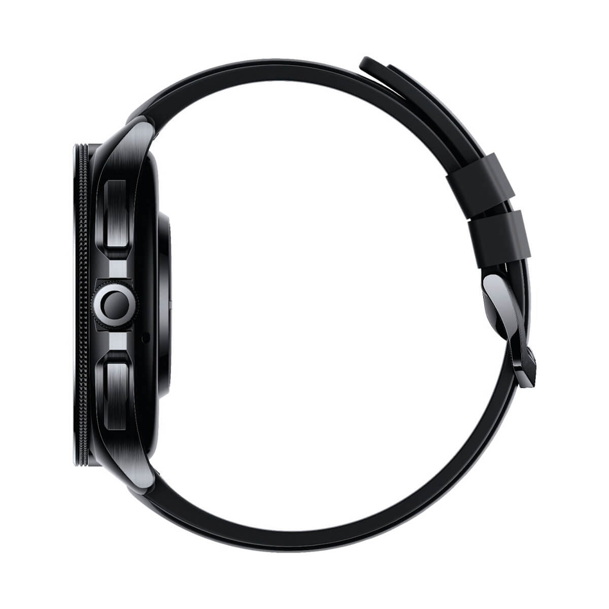 Reloj inteligente negro con bisel texturizado y botones laterales, sobre fondo blanco.