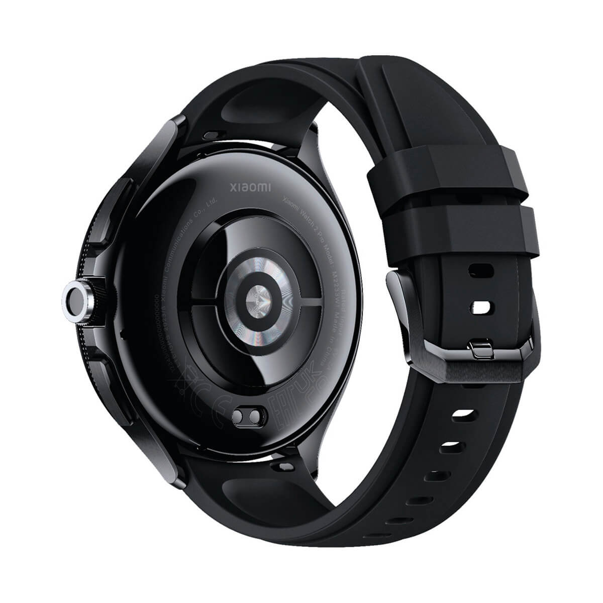 Vista trasera de un reloj inteligente Xiaomi negro con correa negra.