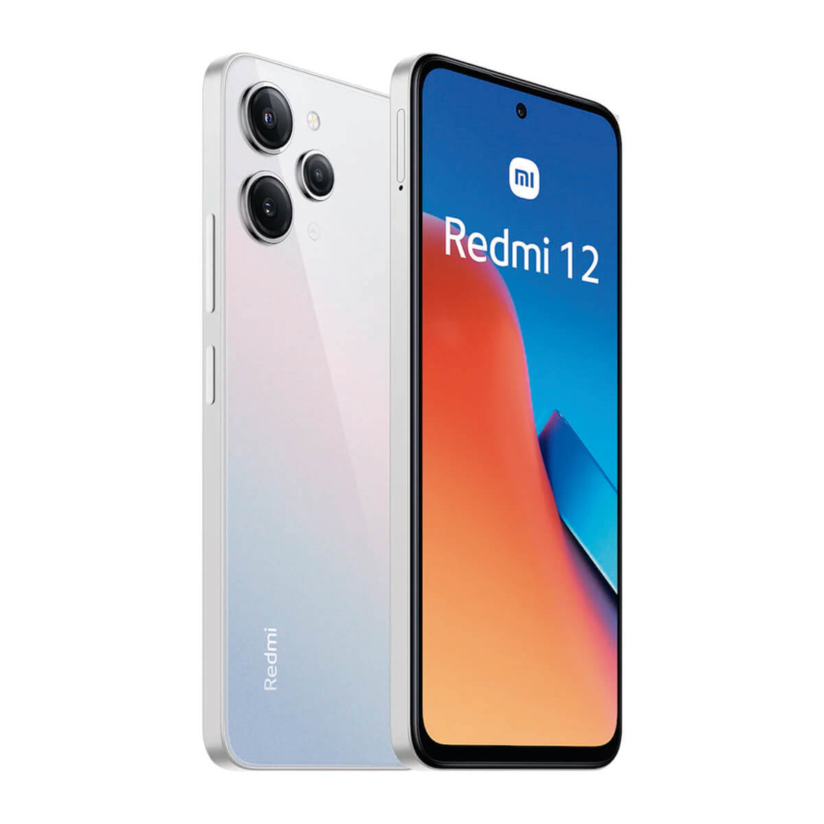 Ein weißes Smartphone mit drei Kameras auf der Rückseite und einem roten „Redmi 12“-Logo.