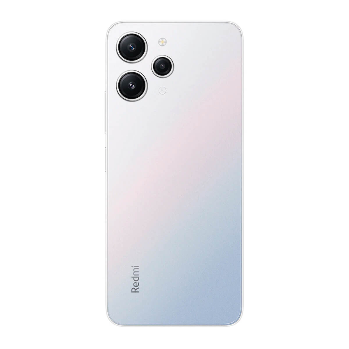 Rückseite eines weißen Smartphones mit drei Kameras und dem Redmi-Logo.