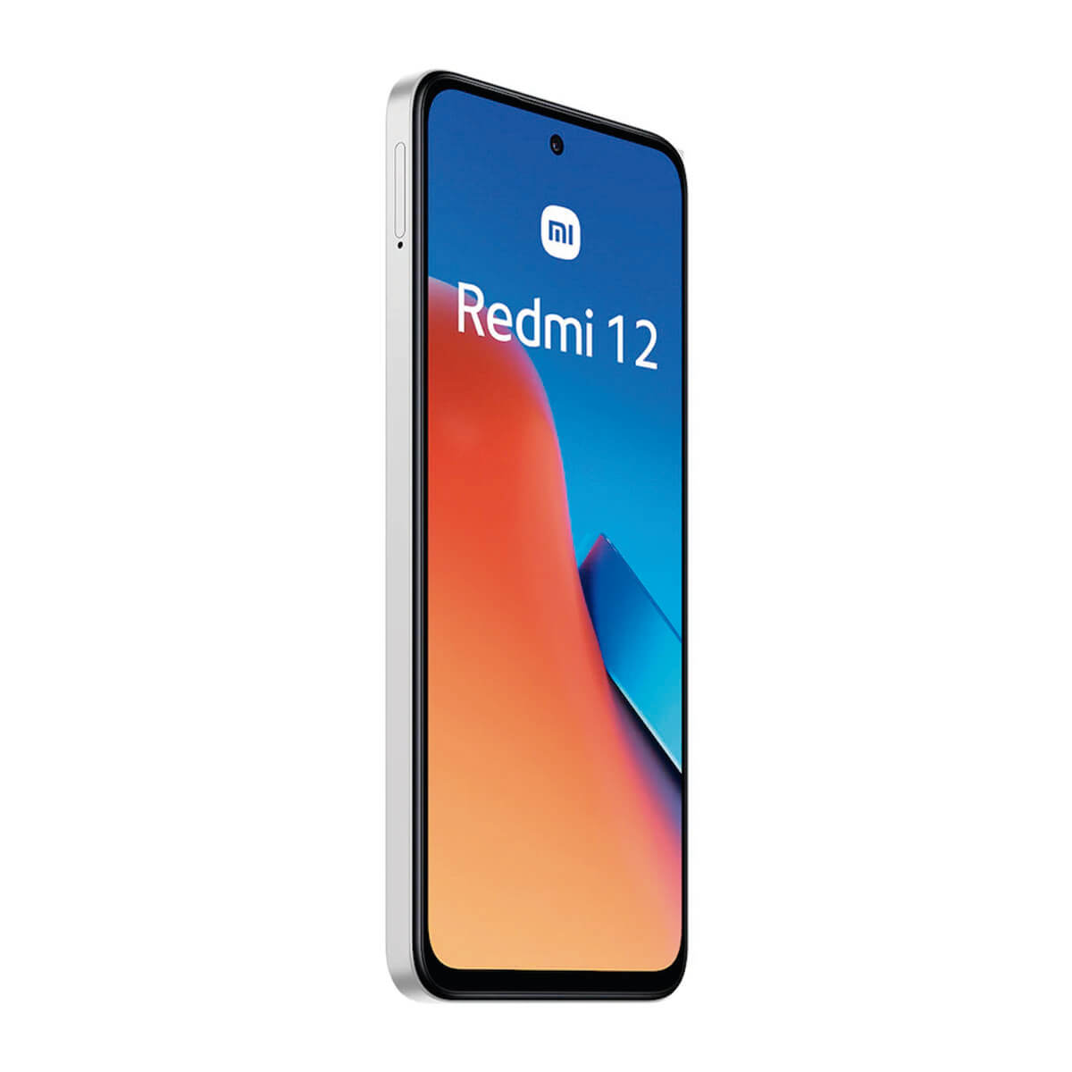 Ein weißes Xiaomi Redmi 12 Smartphone mit buntem Hintergrundbild wird auf weißem Grund gezeigt.