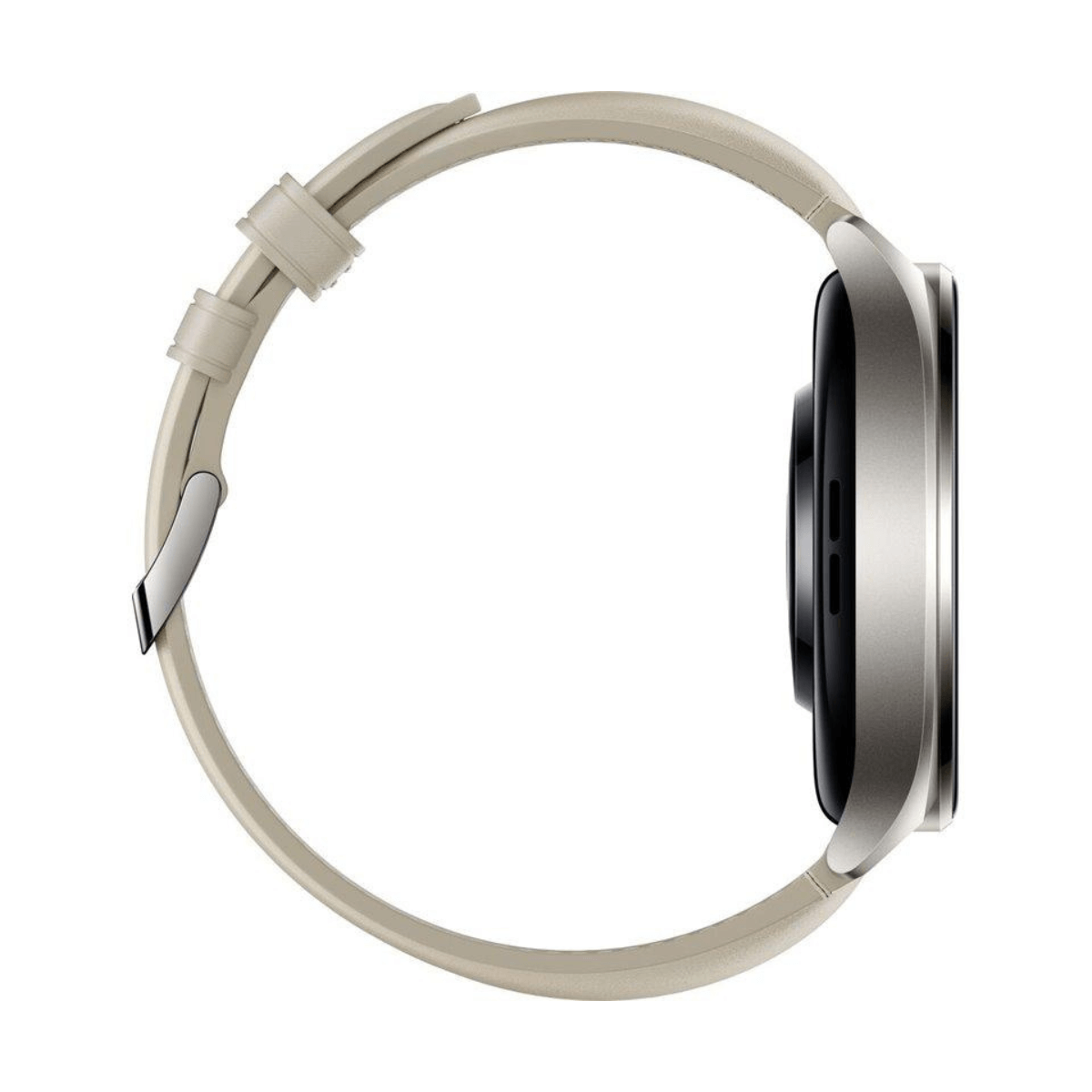 Un reloj delgado de correa beige con caja plateada y esfera negra, visto de lado.