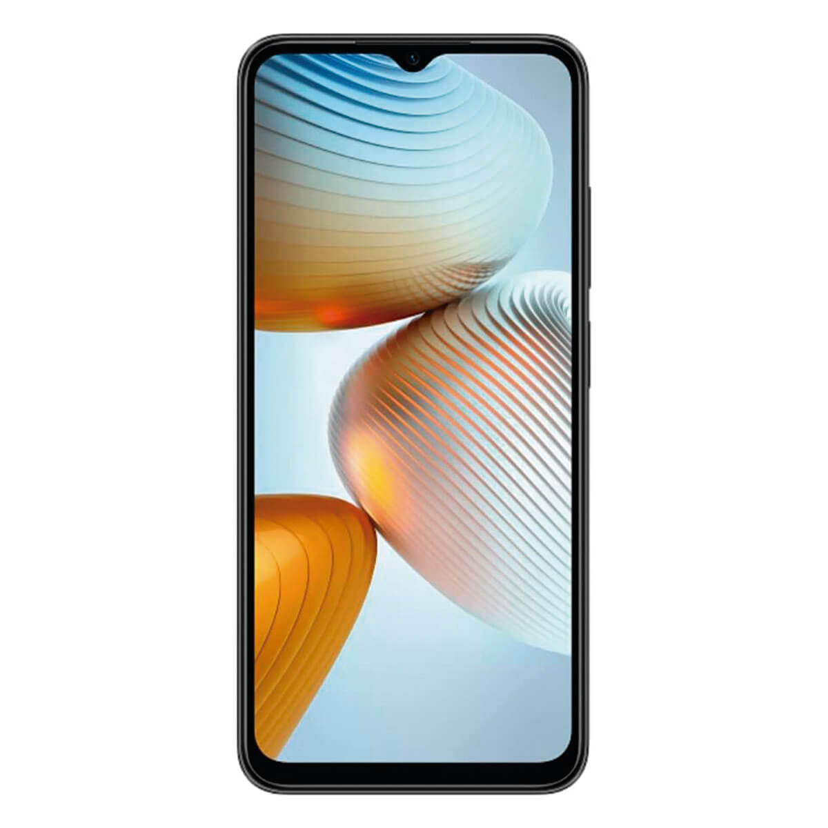 Ein Smartphone mit einem tropfenförmigen Ausschnitt und abstraktem Hintergrund.
