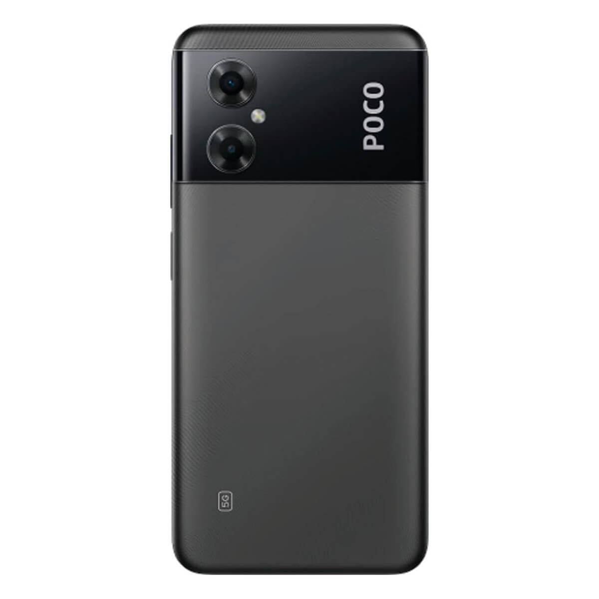 Rückseite eines schwarzen POCO 5G Smartphones mit zwei Kameras und Logo.