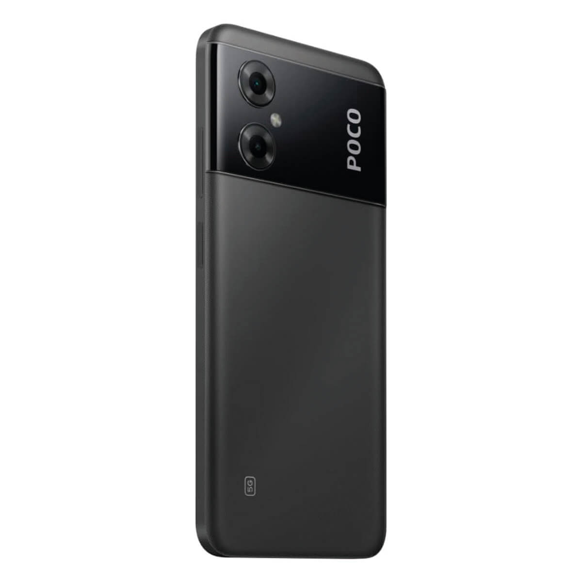 Rückseite eines schwarzen POCO 5G Smartphones mit zwei Kameras.