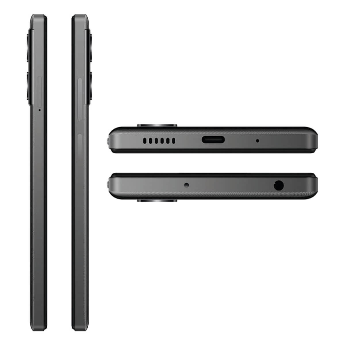 Drei Ansichten eines grauen Smartphones: Seitenansicht, Vorderseite mit Lautsprechern und Ladeanschluss.