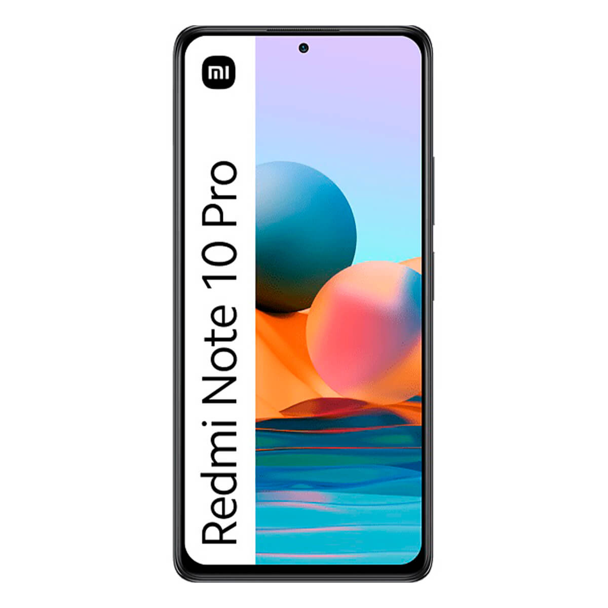 Smartfon Xiaomi Redmi Note 10 Pro wyświetlający dwie abstrakcyjne kule na ekranie.