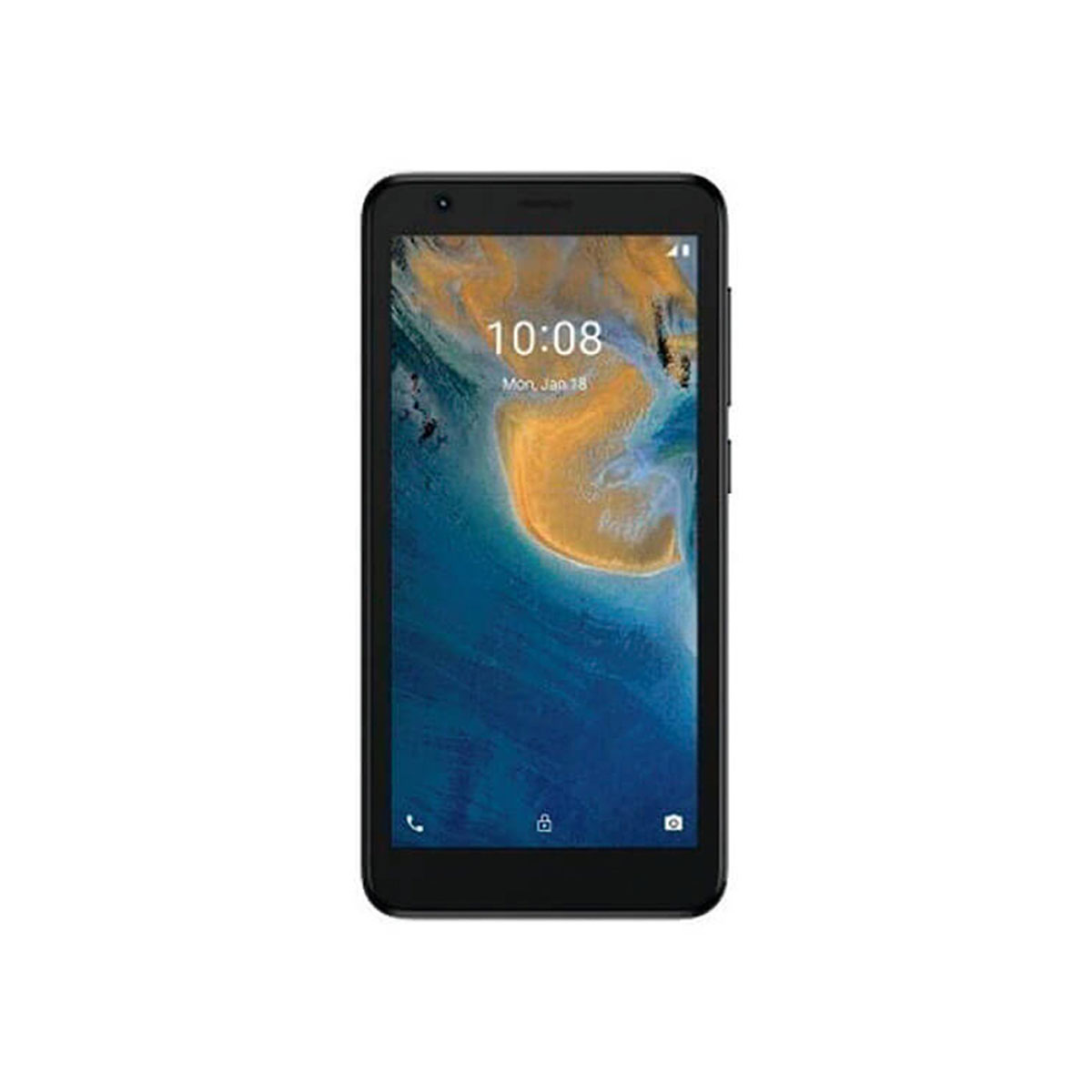 Ein schwarzes Smartphone mit einem Sperrbildschirm mit der Uhrzeit 10:08.