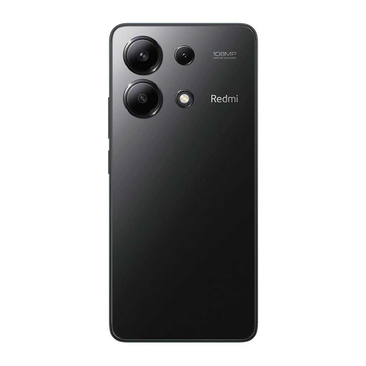 Achterkant van een zwarte smartphone met drie camera's en Redmi-logo.