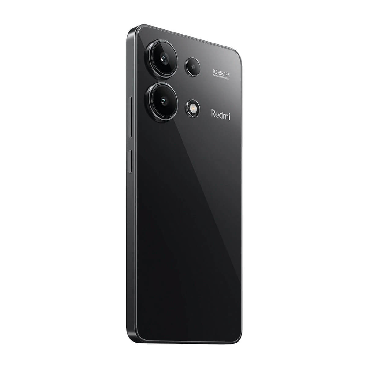 Zwarte Redmi smartphone met drie camera's aan de achterkant en flitser.