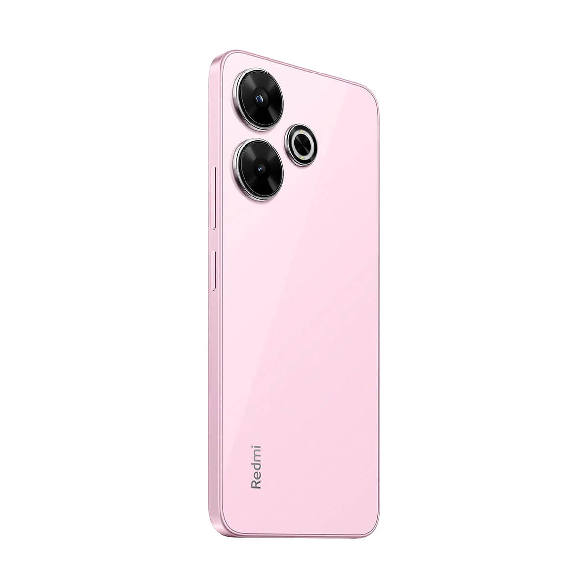 Parte trasera de un smartphone rosa con tres cámaras y el logo de Redmi.