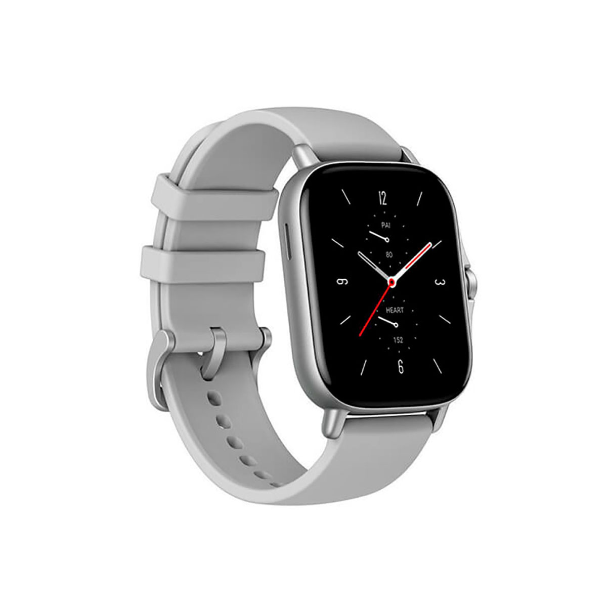Un reloj inteligente gris con esfera rectangular, presentado sobre fondo blanco.