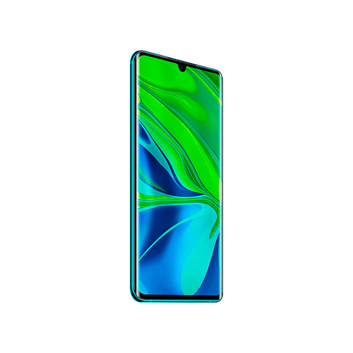 Ein blaues Smartphone mit einem lebendigen grünen und blauen Hintergrundbild.