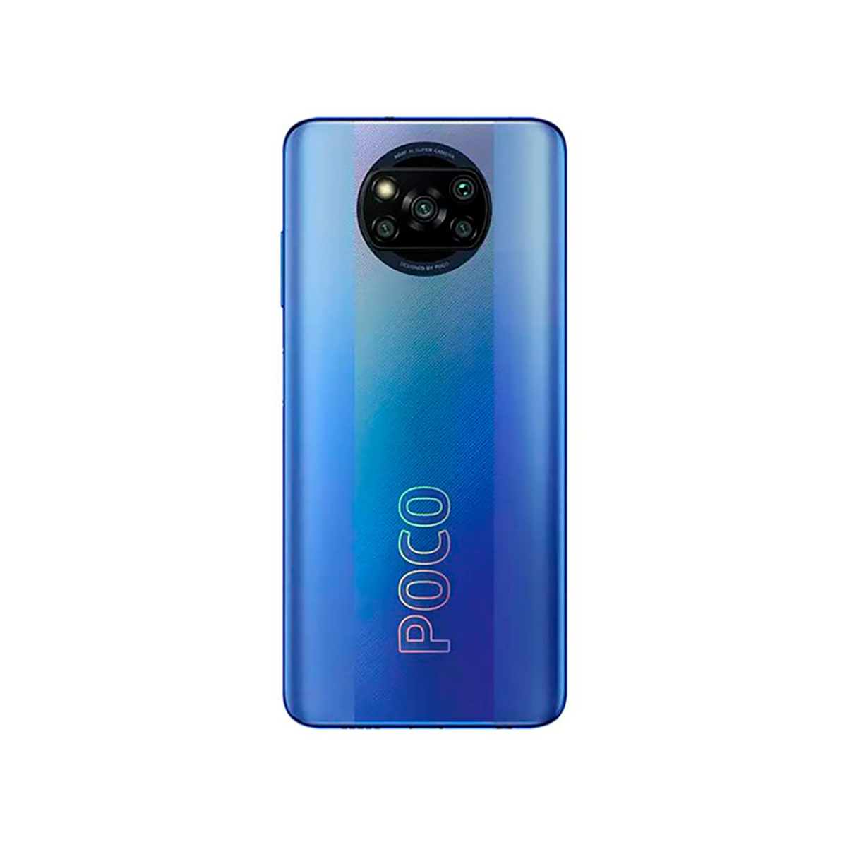 Rückseite eines blauen POCO Smartphones mit vier Kameras und vertikalem Logo.