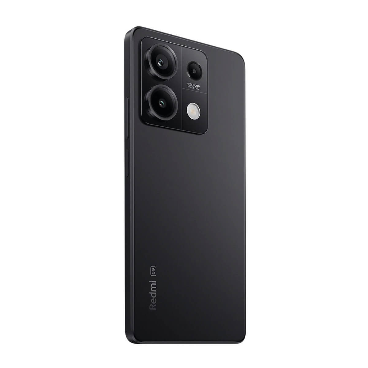 Ein schwarzes Redmi 5G Smartphone mit Dreifachkamera und 108MP-Text.