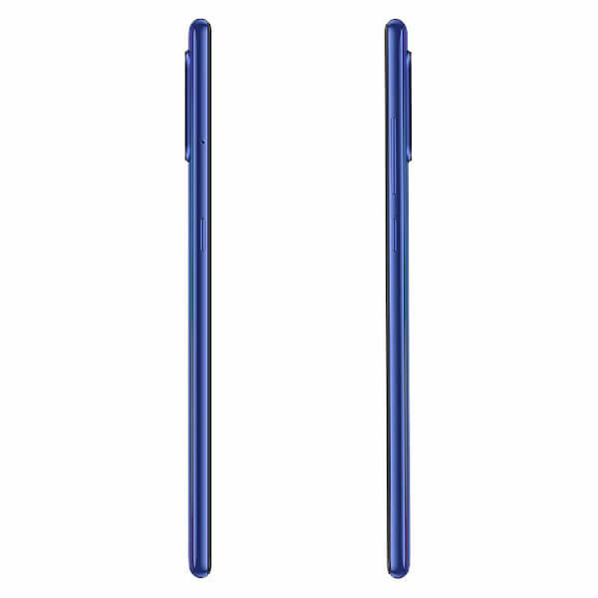 Zwei blaue Smartphones nebeneinander auf weißem Hintergrund.