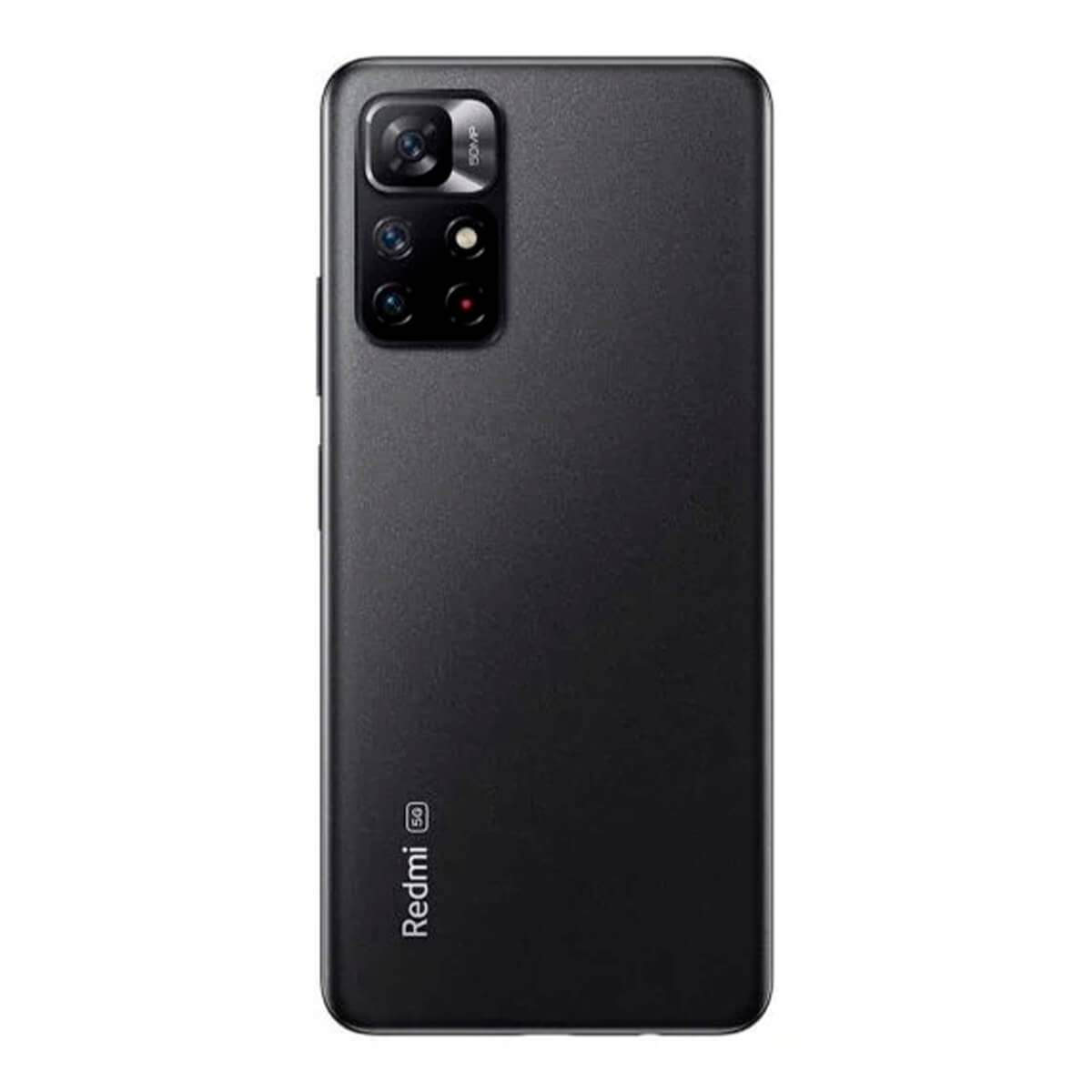 Tył czarnego smartfona z poczwórnym aparatem i logo Redmi 5G.