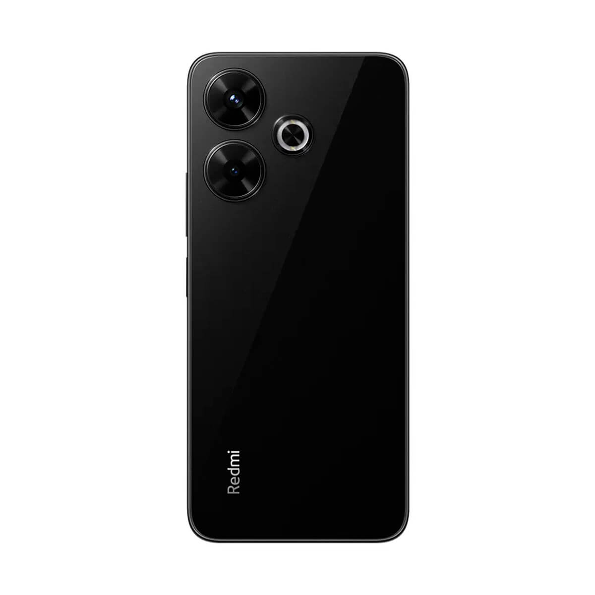 Zwarte smartphone met drie camera's aan de achterkant en een flitser. Redmi-logo zichtbaar.