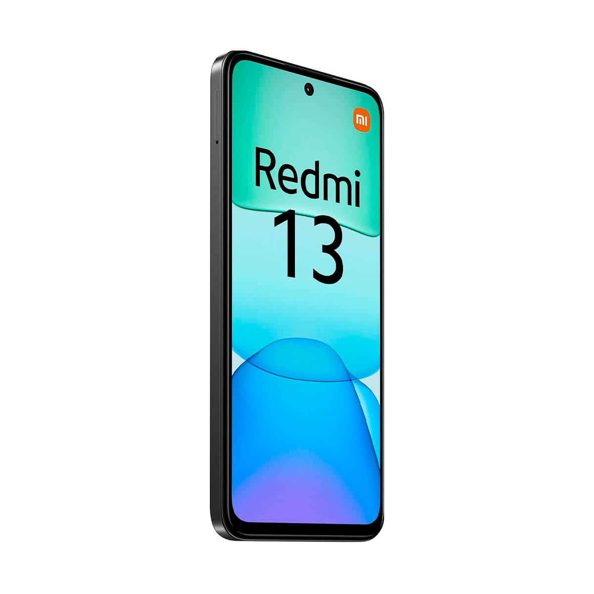 Een zwarte Redmi 13 smartphone met een kleurrijke achtergrond op het scherm.