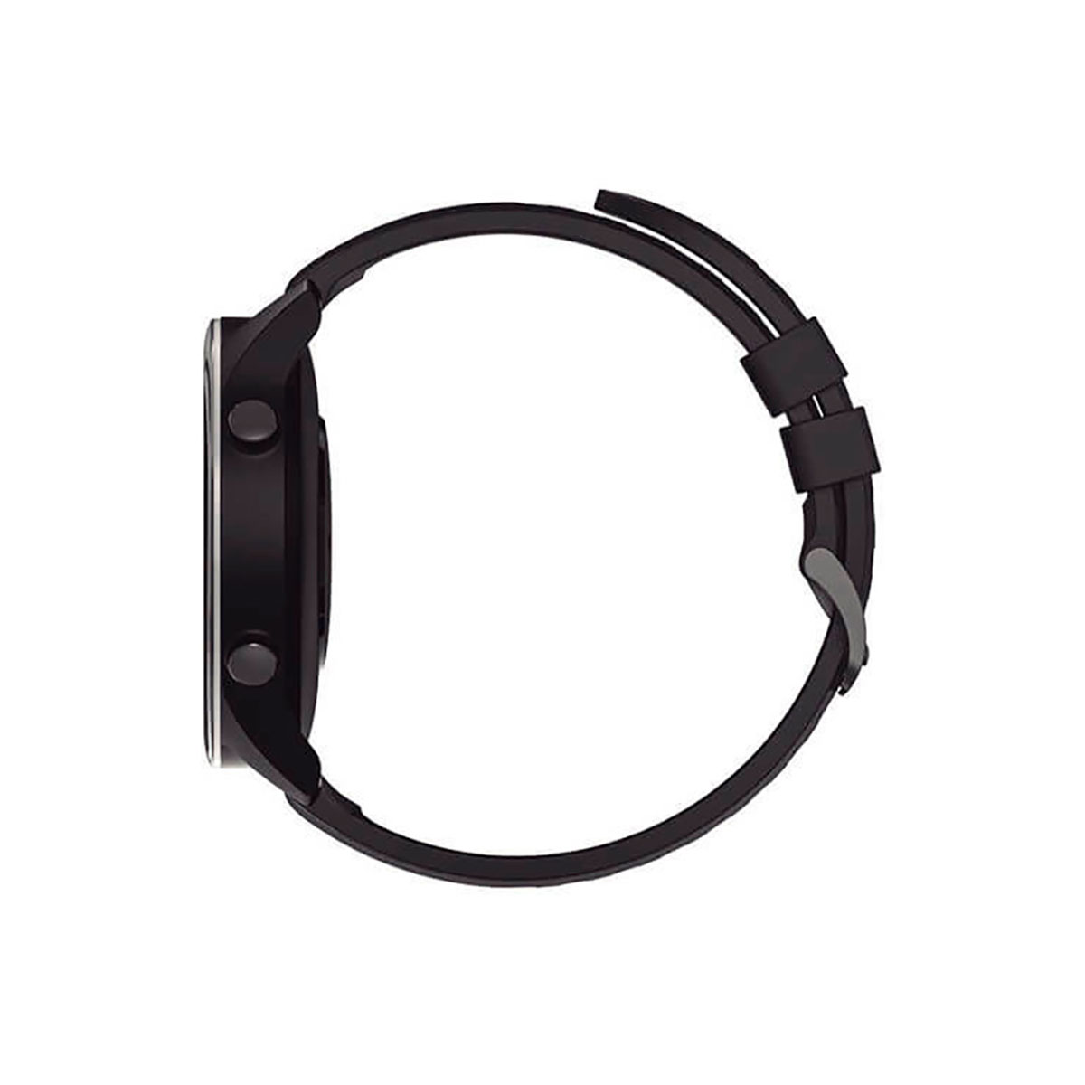 Schwarze Smartwatch mit schwarzem Armband, von der Seite gesehen.