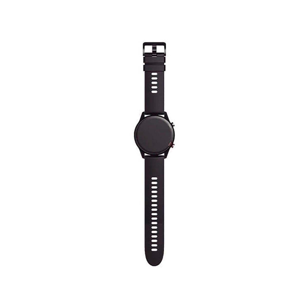 Eine schwarze Smartwatch mit rundem Zifferblatt und schwarzem Armband.