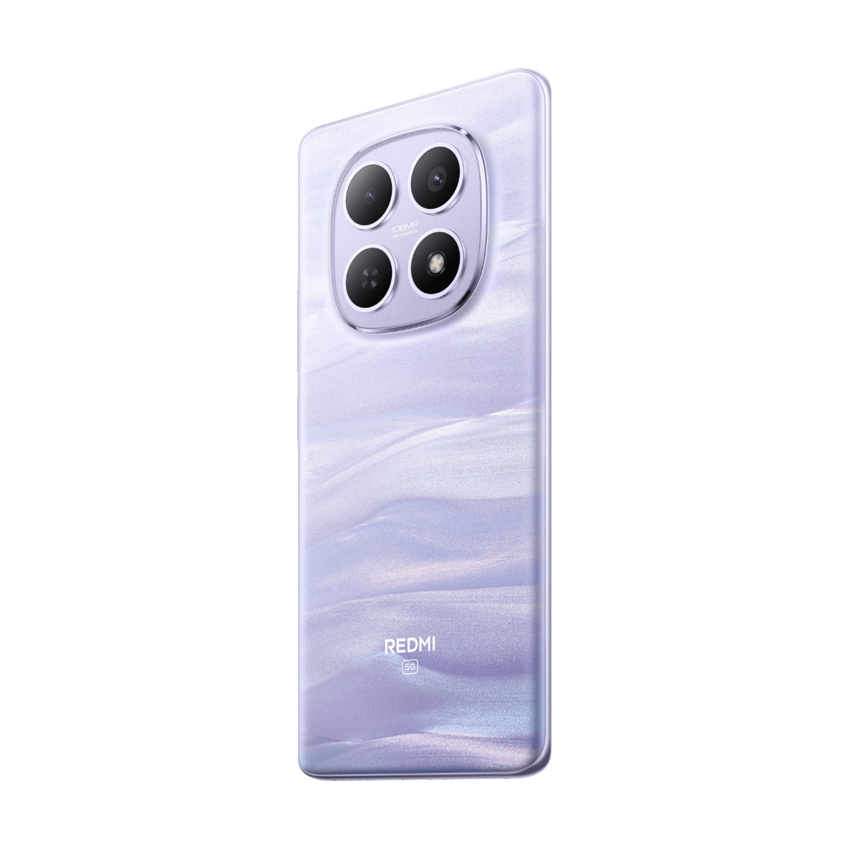 Fioletowy smartfon z czterema aparatami i logo Redmi 5G.