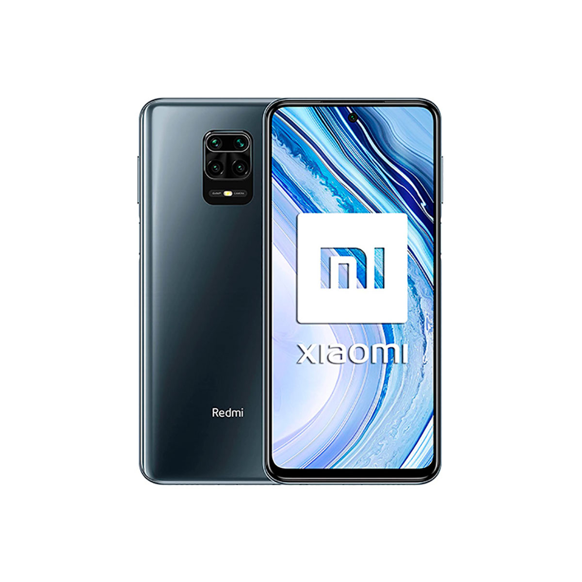 Ciemnoszary smartfon Xiaomi Redmi z poczwórnym aparatem. Ekran wyświetla logo Xiaomi.