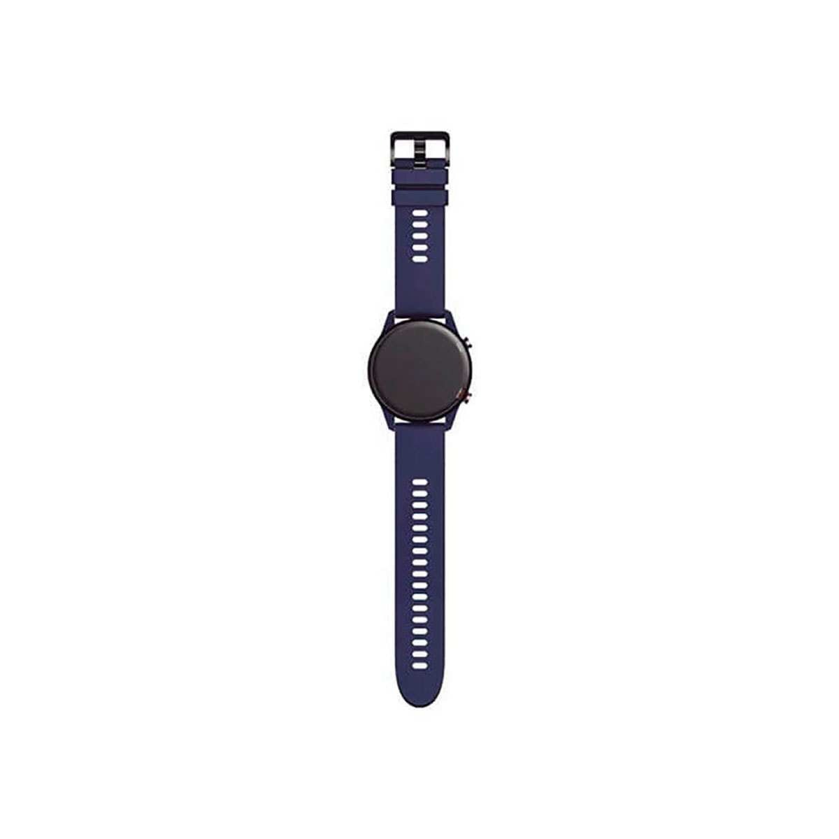 Uno smartwatch blu scuro con quadrante e cinturino neri.