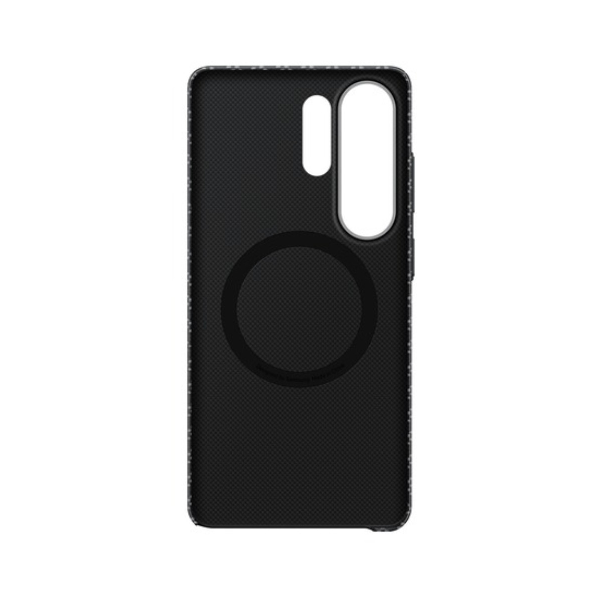 Zwarte telefoonhoes met ronde magnetische uitsparing en cameraopening.