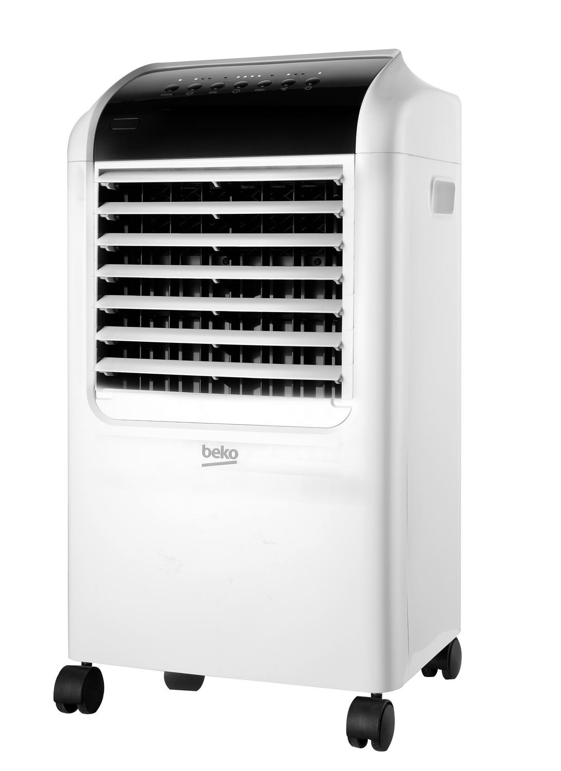 Un refrigeratore d'aria Beko bianco su ruote, con bocchette e pulsanti.
