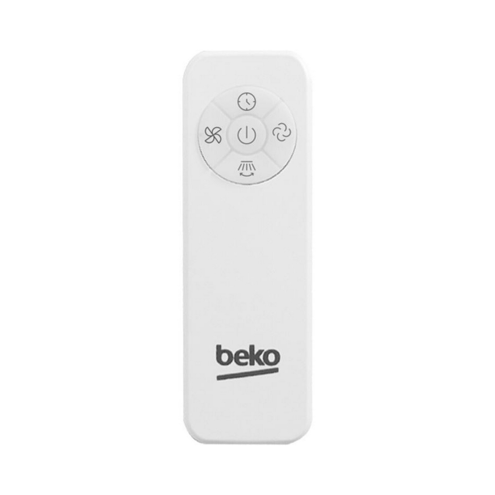 Un telecomando Beko bianco con icone di ventola, timer e luce.