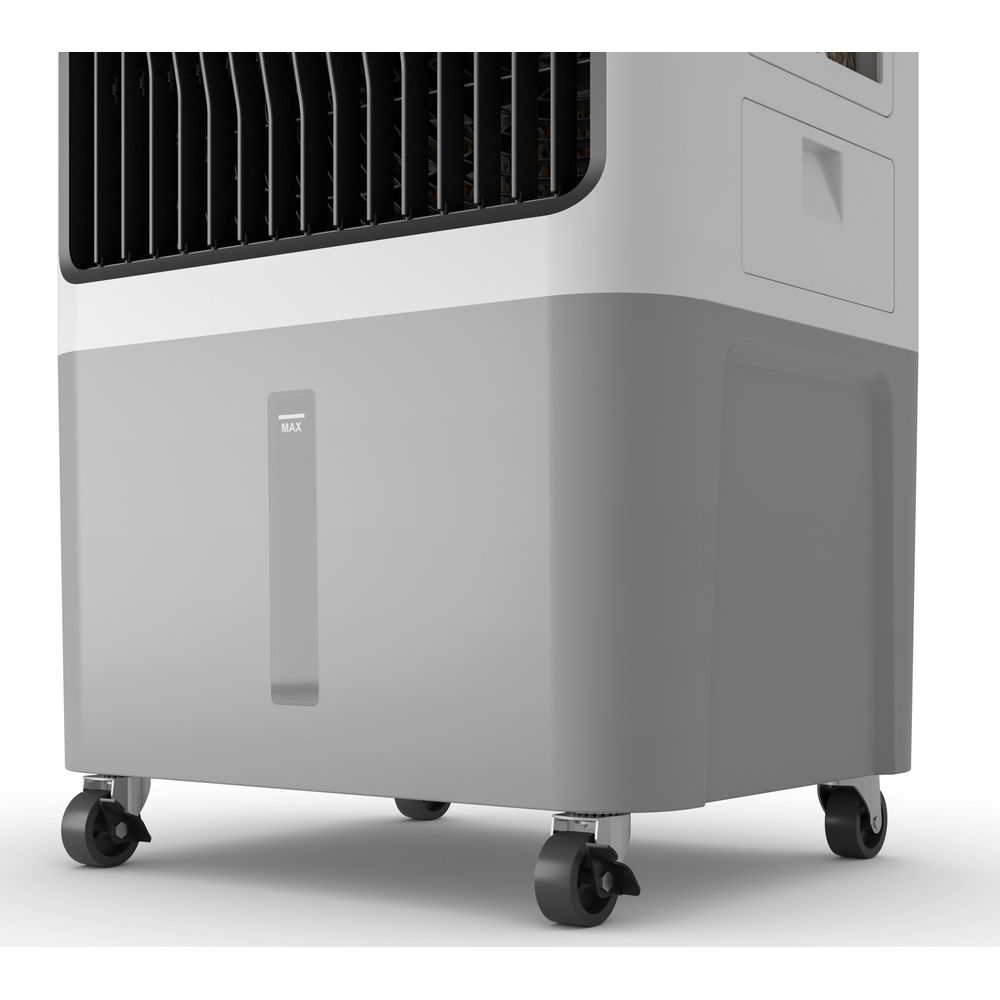 Un refrigeratore d'aria portatile bianco e grigio con ruote e indicatore livello.