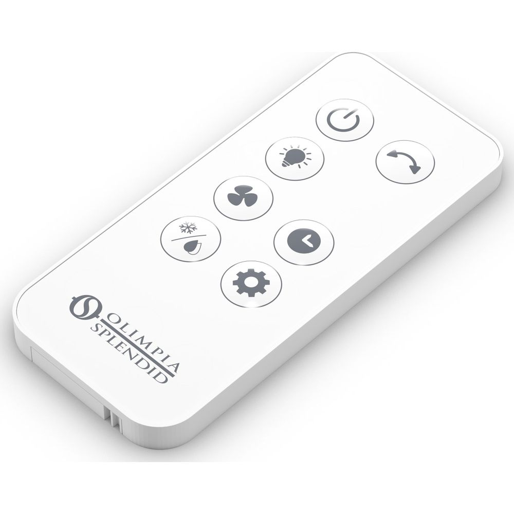 Telecomando bianco con icone on/off, luce, ventola, neve/goccia, freccia e ingranaggio.