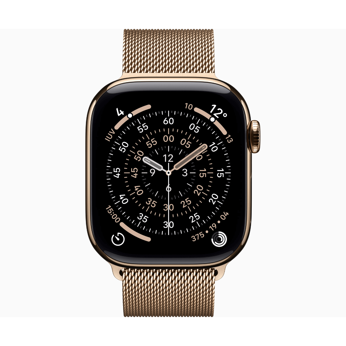 Złoty Apple Watch z opaską mediolańską i czarnym ekranem z tarczą zegarka.
