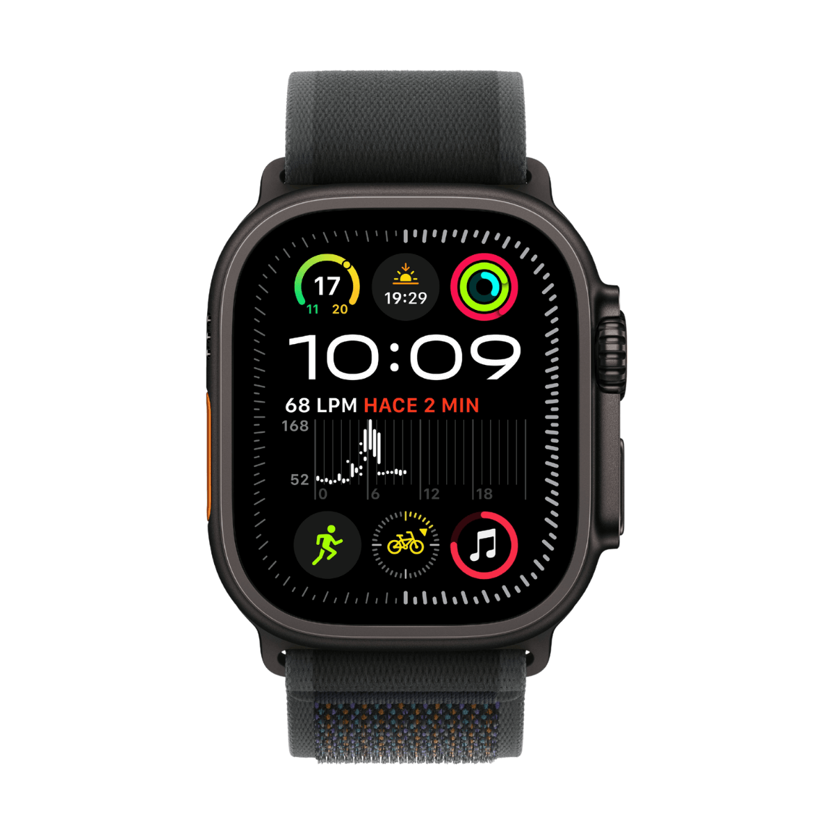 Uno smartwatch nero mostra le 10:09, battito cardiaco e icone di attività su sfondo bianco.