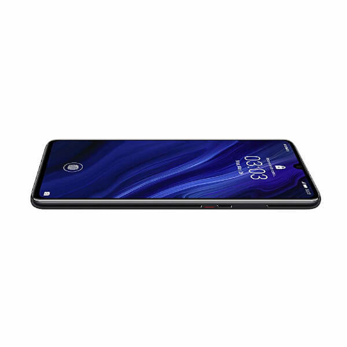 Czarny smartfon z niebieską, falistą tapetą na ekranie blokady.