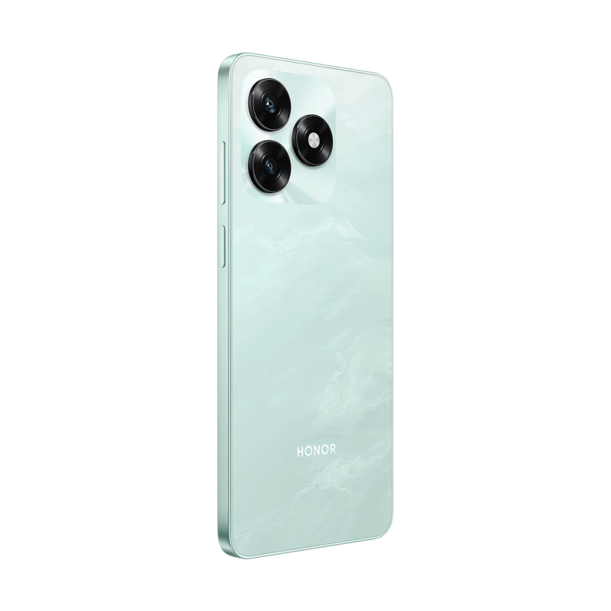Ein hellgrünes Smartphone mit einem Marmormuster auf der Rückseite und drei Kameras.