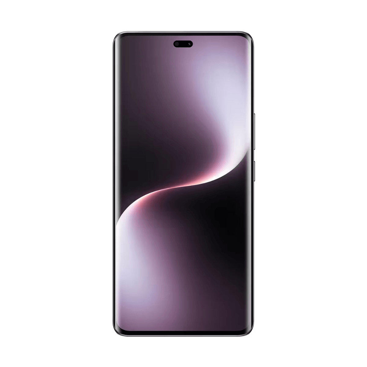 Czarny smartfon z fioletową tapetą gradientową i górnym wycięciem.
