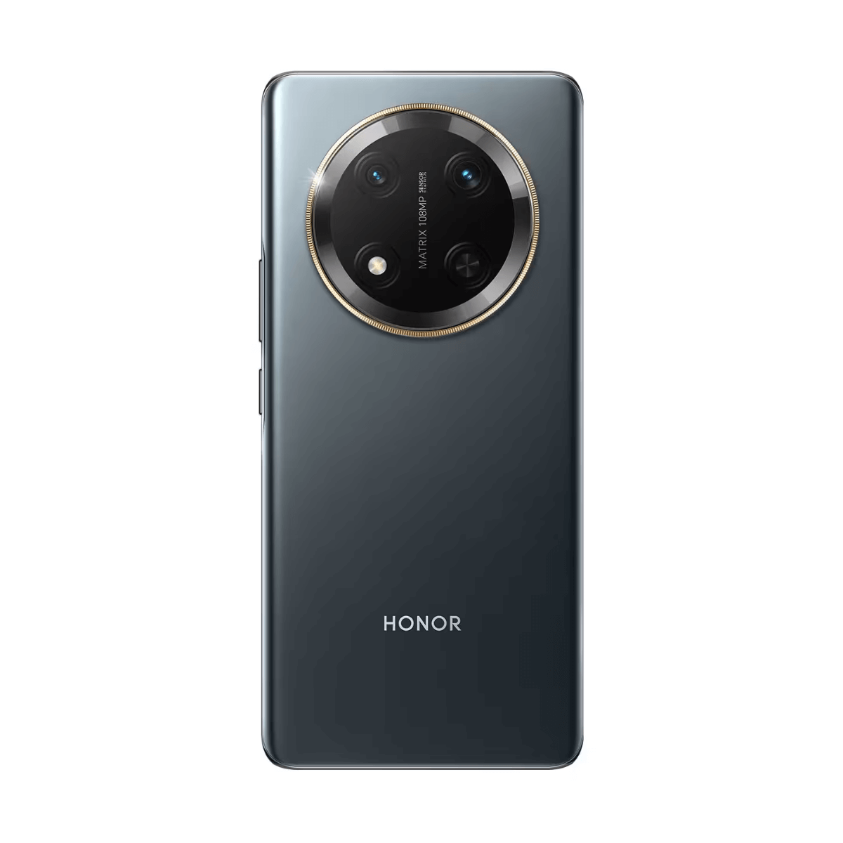 Ciemnoszary smartfon Honor z okrągłym modułem kamery i matrycą 108MP.