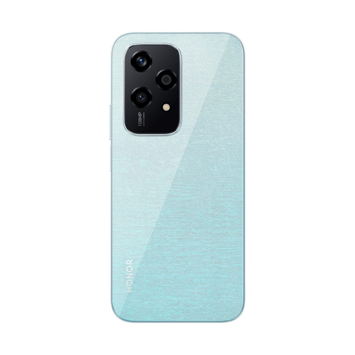Un teléfono inteligente azul claro con unidad de cámara y logo HONOR.
