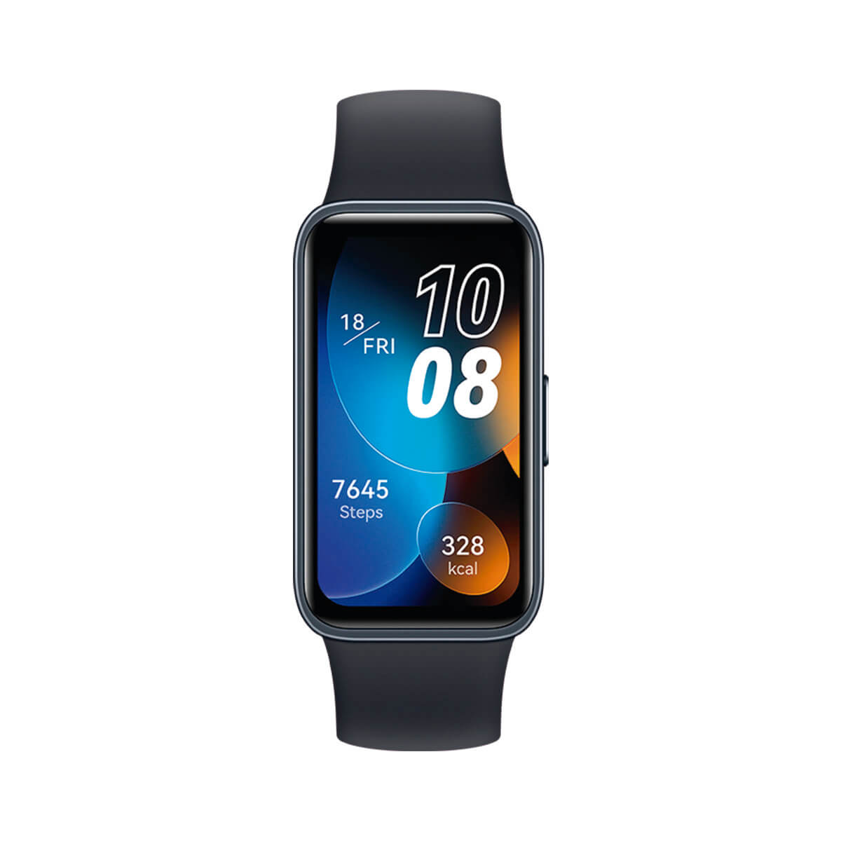 Uno smartwatch scuro con schermo rettangolare che mostra le 10:08, 7645 passi.