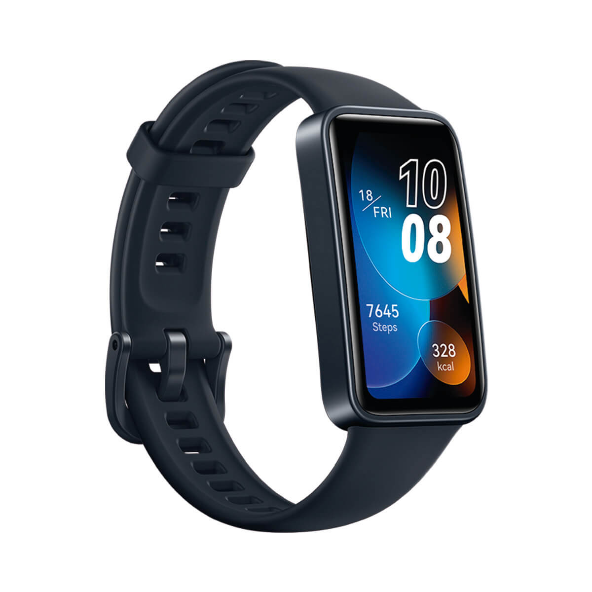Smart band blu scuro con schermo rettangolare che mostra ora, data, passi e calorie.
