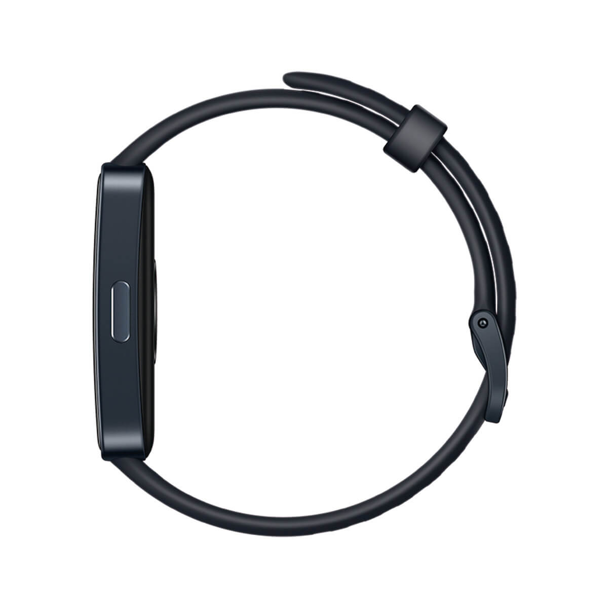 Una cassa di smartwatch rettangolare scura con cinturino nero, vista di lato.
