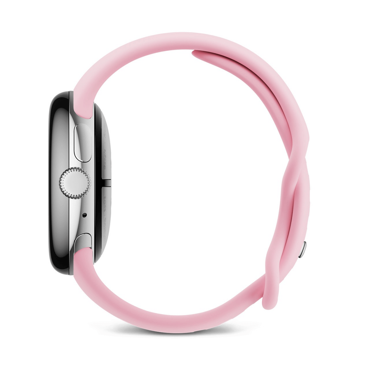 Uno smartwatch argentato con cinturino rosa, su sfondo bianco.